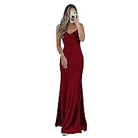 Long Satin Bridesmaid Dresses Spaghetti Straps Cowl Neck Formal Evening Gowns with Slit
