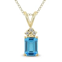 7x5MM Emerald Shape Natural Gemstone And Three Stone Diamond Pendant in 14K White Gold and 14K Yellow Gold (Available in Amethyst, Citrine, Blue Topaz, and More)