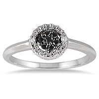 Sterling Silver Wedding Rings with Black and White Diamonds - Princess Halo Bridal Ring for Women
