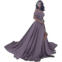Off Shoulder Satin Prom Dresses Ball Gown Formal Dresses for Women Wedding Dress with Slit and Pockets