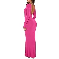 REORIA Womens Sexy V Backless Soft Lounge Long Dress Fall Casual Boat Neck Long Sleeve Ribbed Bodycon Maxi Dresses