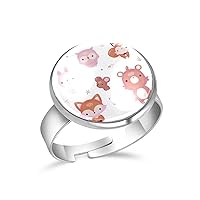 Hand Drawn Autumn Forest Animals Adjustable Rings for Women Girls, Stainless Steel Open Finger Rings Jewelry Gifts