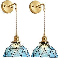 Tiffany Rechargeable Wall Sconce Light Set of 2,Non Hardwired Battery Operated RemoteWall Sconces Hanging Lighting Full Copper Glass Wall Lamp Wall Decoration Wall Lights Fixture for Bedroom Living