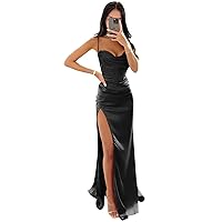 Women's Satin Mermaid Prom Dresses Long Halter Sweetheart Corset Formal Evening Party Gowns with Slit