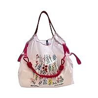 Shoulder Bag for Women, Embroidered with Cute Graphic, Bright Color, Make it a Crossbody with Rope Extension Sold Seperately (White Flower, Medium)