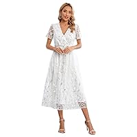 IMEKIS Sparkly V Neck Cocktail Wedding Guest Long Dress Mesh Short Sleeve Floral Embroidered Sequins Maxi Dress