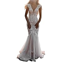 Mermaid/Trumpet Romantic Wedding Dress V Neck Cap Sleeve Court Train Lace Bridal Gowns Reception with Appliques 2024