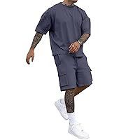 Men's 2 Pieces Outfits Short Sleeve Tracksuit Casual Cargo Sweatsuits Summer Athletic Set for Men with Pocket