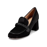 Womens Square Toe Block Low Heel Loafer Shoes with Braided Straps Vintage Suede Slip on Casual Walking Pumps