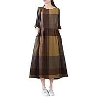 Womens Summer Midi Dress, Female Vintage Plaid Check Casual Cotton Linen Dresses, O Neck Robe Oversize