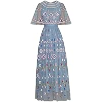 Women Party Long Dress Elegant O-Neck Short Sleeve Mesh Embroidered Dress