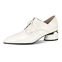 TinaCus Women's Genuine Leather Pointed Toe Handmade Lace-Up Low Chunky Heel Office Shoes