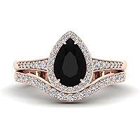 2 CT Black Pear Engagement Ring Black Onyx Bridal Ring Set Black Stone Halo Diamond Ring Curved Wedding Band Art Deco Ring for Her