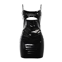 Womens PVC Leather Wet Look Solid Mandarin Collar Cutout Bodycon Mini Dress Clubwear