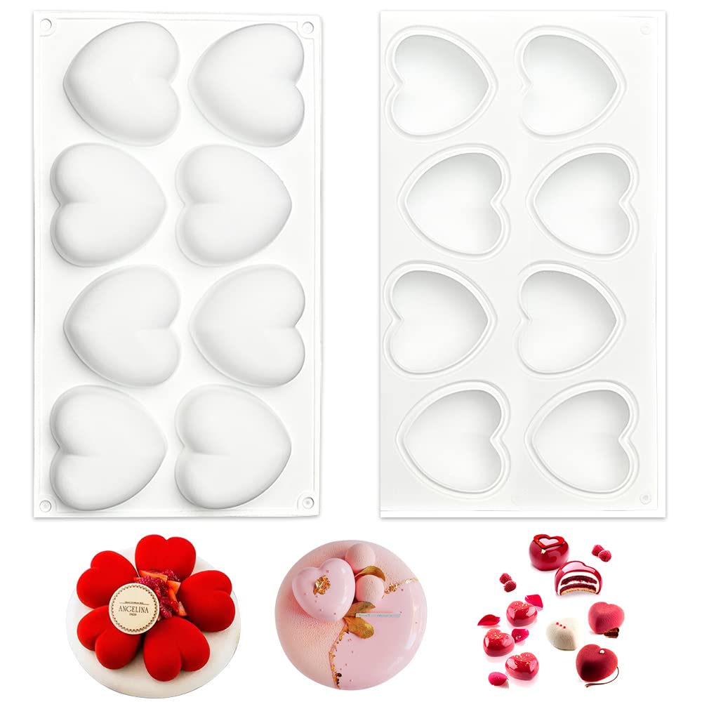 Heart Shaped Chocolate Mold Multiple Cube Molds, Silicone Mold for Baking Chocolate Cake and Making 3D Handmade Candles, Diy Tools for Mousse Dessert Jelly Pudding (8-Cavity 2 Pcs)