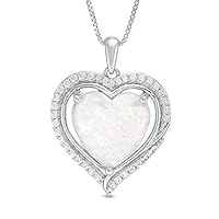 12MM Heart Shape Created Opal & Diamond Halo Pendant Necklace 14K White Gold Finish