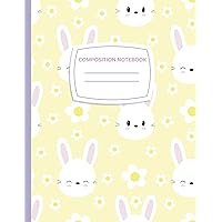 Easter Composition Notebook For Kids Happy Bunny & Daisy Pattern Yellow Pastel: Cute Aesthetic Wide Ruled Journal For Boys & Girls, Easter Basket