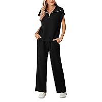 Pink Queen Womens Two Piece Outfits Sleeveless Pullover Tops and Wide Leg Pants Half Zip Jogger Lounge Sets