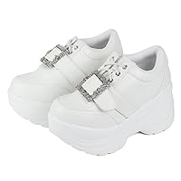 Women's Sneakers, Lace-Up, Belt Shoes, Thick Sole, 3.5 inches (9 cm) Heels, Bijuice Square Buckle, Lightweight