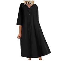 Tshirt Dress Women Summer Casual Cotton Linen Dress Notch V Neck Elbow Length Sleeve Midi Dress Loose Flowy Going Out Dress
