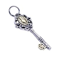 Two Tone Small 925 Sterling Silver Key Shape Pendant with Cat for Women Girls