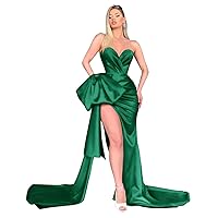 Women's Satin Prom Dress Long Ball Gowns Bow High Slit Off The Shoulder Formal Evening Gowns