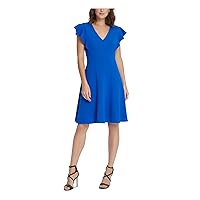 DKNY Womens Blue Zippered Pleated Seamed Unlined Flutter Sleeve V Neck Above The Knee Party Fit + Flare Dress 16