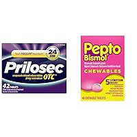 Prilosec OTC, Omeprazole Delayed Release, Treats Frequent Heartburn - 24 Hour Relief, 42 Tablets + Pepto Bismol Chewables, Upset Stomach, Bismuth Subsalicylate, Multi-Symptom Relief of Gas, 48 Tablets