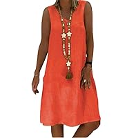 Fronage Women's Casual Summer Cotton Linen Dress V Neck Sleeveless Shift Midi Dresses Vintage Beach Sundress