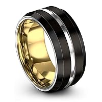 Tungsten Wedding Band Ring 10mm for Men Women Bevel Edge Black Grey 18K Yellow Gold Brushed Polished