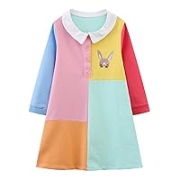 Youlebao Girls Cotton Long Sleeve Casual Cartoon Appliques Striped Jersey Dresses