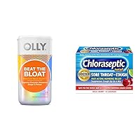 OLLY Beat Bloat Capsules 25 Count & Chloraseptic Total Sore Throat Lozenges Sugar-Free Wild Cherry 15 Count Bundle
