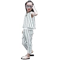 Girls Sleeveless Striped Shirt Lace Tops + Pants