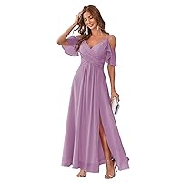 Off Shoulder Bridesmaid Dresses for Women Long Chiffon V Neck Formal Evening Gown with Slit