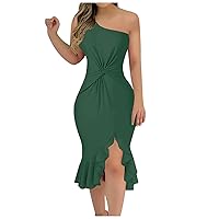Women's Cocktail Dresses 2024 Summer Fashion Elegant One Shoulder Dress Ruffle Hem Wrap Ruched Bodycon Short Party Dress