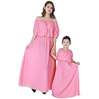 EFOFEI Mom and Baby Off Shoulder Chiffon Half Puffer Sleeve Casual Long Maxi Dress