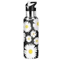 Daisy Water Bottle Daisies Black White Water Bottle Kids Thermos Bottle with Straw Lid Kids Insulated Stainless Steel Water Flask Leakproof Bottle 20 oz