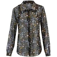 cabi Floret Blouse #3593 Black Sheer Hillside Floral Ruffle