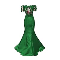 Off The Shoulder Lace Mermaid Satin Prom Evening Dresses Formal Gowns with Sleeves Flowers