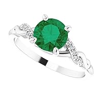Trendy Emerald Twist Swirl 1 CT Round Engagement Ring 14k White Gold, Waver Emerald Ring, Infinity Green Emerald Diamond Ring, May Birthstone Ring Gift