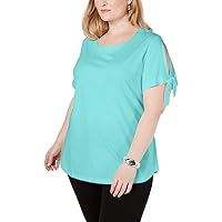 Karen Scott Womens Plus Scoop Neck Slit Sleeve T-Shirt Blue 2X