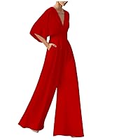 Women's Summer Casual Deep V Neck Short Sleeve Pleated Wide Leg Jumpsuit Dressy Formal Long Pants Rompers with Pockets