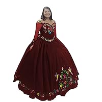 Colorful Flower Embroidery Ball Gown Mexican Quinceanera Dresses with Long Illusion Sleeves Prom Cocktail 2024
