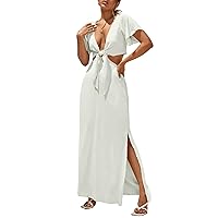 COZYEASE Women's Short Sleeve Maxi Dress Tie Front Split Hem A Line Dress Summer Casual