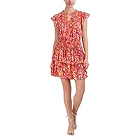 BCBGMAXAZRIA Women's Fit and Flare Mini Dress Short Ruffle Cap Sleeve Smocked Waist Shoulders Notched V Neck Tiered Skirt
