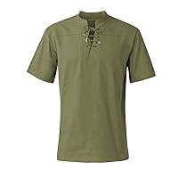Golf Shirts for Men Solid Color Retro Lace Up Collar Casual V Neck Drawstring Short Sleeve Shirt Top