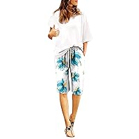 Women Floral Print Summer High Waisted Prints Plus Size Shorts Lacing Beach Cotton Linen Pants Workout Pocket
