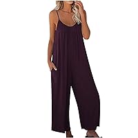 Women Jumpers and Rompers Casual V Neck Sleeveless Spaghetti Strap Jumpsuits Stretchy Wide Leg Rompers with Pockets