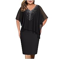 Womens Plus Size Cape Dress with Rhinestone V Neck Chiffon Overlay Bodycon Pencil Dress Wedding Cocktail Party Dress