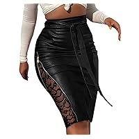 Women Lace Patchwork Zipper Detail Belted PU Leather Skirt